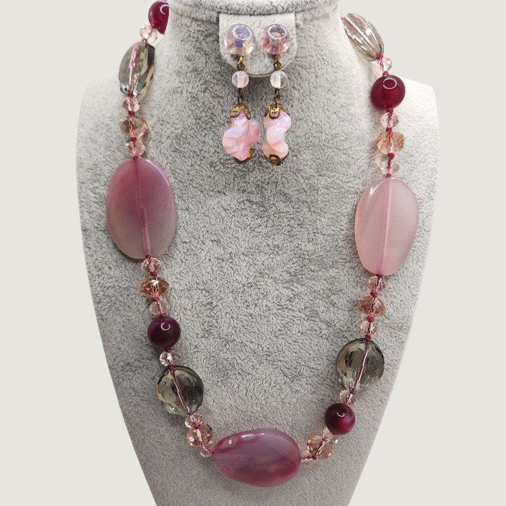 Vintage Chunky Pink Purple Art Glass Bead Necklace Earrings Set Murano Style